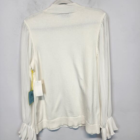 CeCe Pleated Mock Neck Sweater Size M White Sheer Ruffle Sleeve Career Chic - Picture 8 of 9